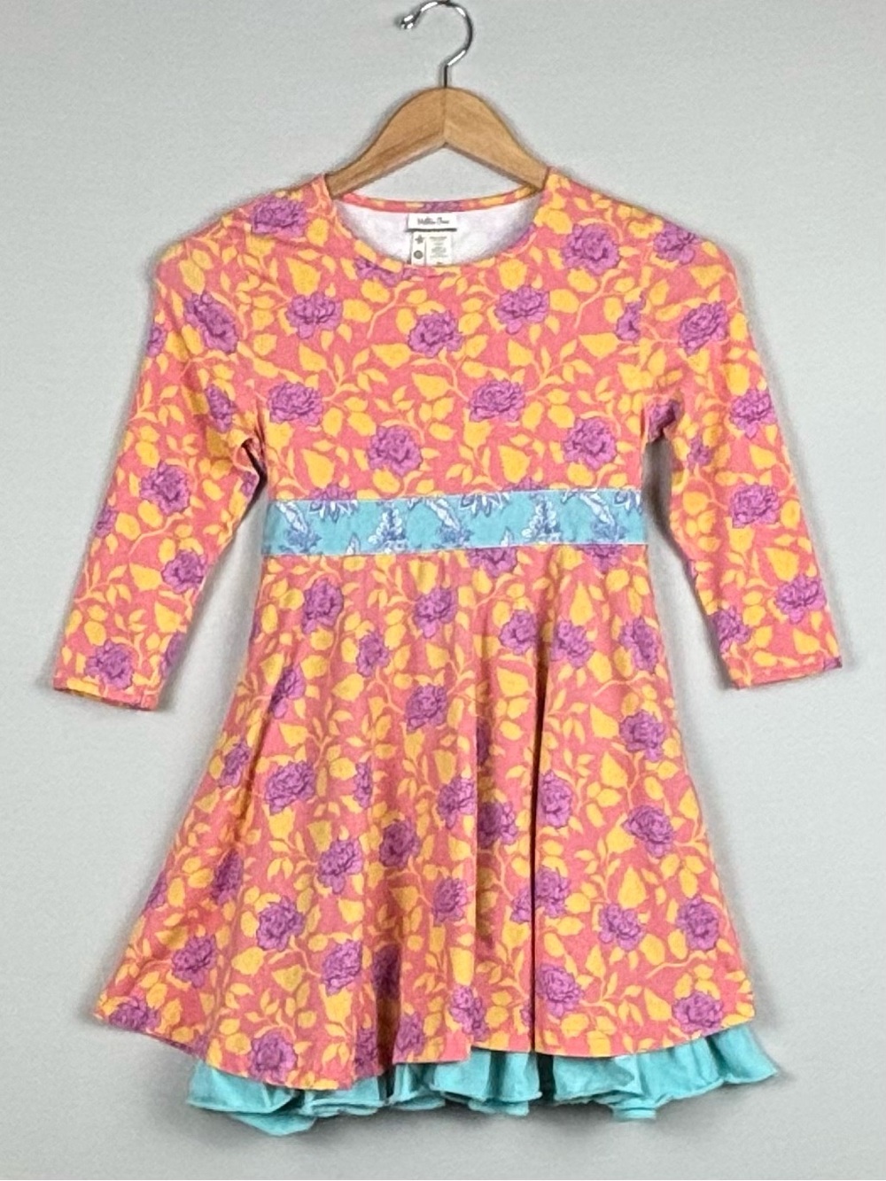 Matilda Jane Girls Size 10 Floral Ruffle Twirl Dress Blue Sash Cottagecore